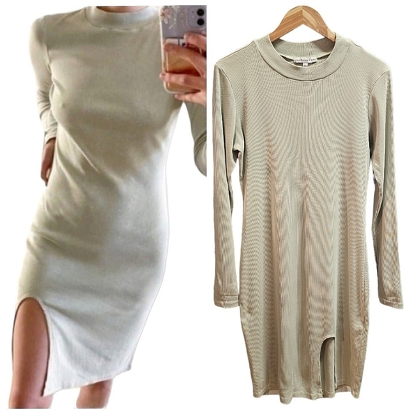 Young Fabulous & Broke Sage Green Ribbed Long Sleeve Bodycon Midi Dress Large - Picture 1 of 13
